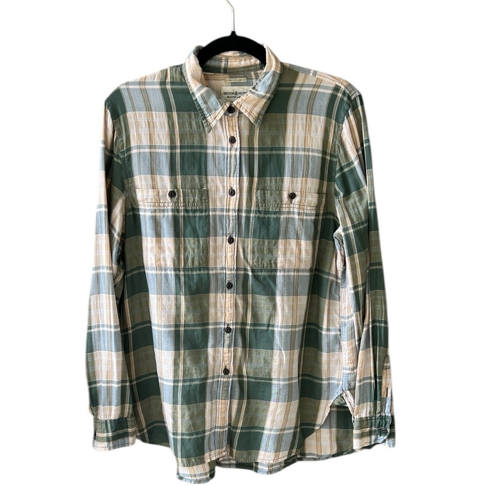 Denim & Supply Ralph Lauren SzL Cotton Plaid Long Sleeve Button Down Shirt Green